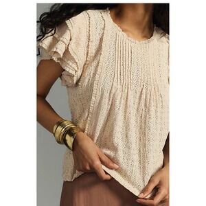 Anthropologie Lace Ruffle Sleeve Pintuck Blouse Cream Short Sleeve boho shirt S